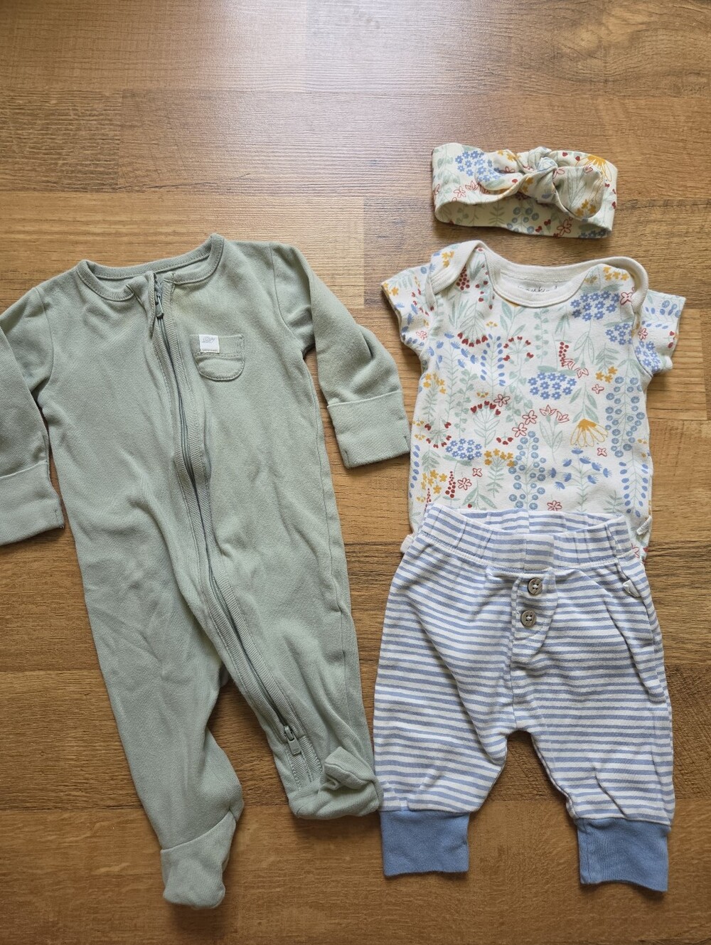 Tiny Kind - 3 Piece Set & Zipper Footie - Floral, Blue Stripes, Sage Green